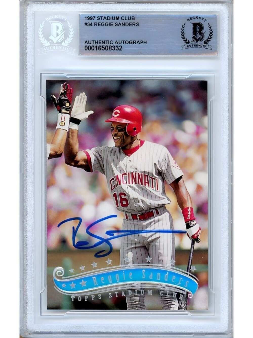Reggie Sanders Signed 1997 Topps Stadium Club #34 Cincinnati Reds BAS Slab Auto